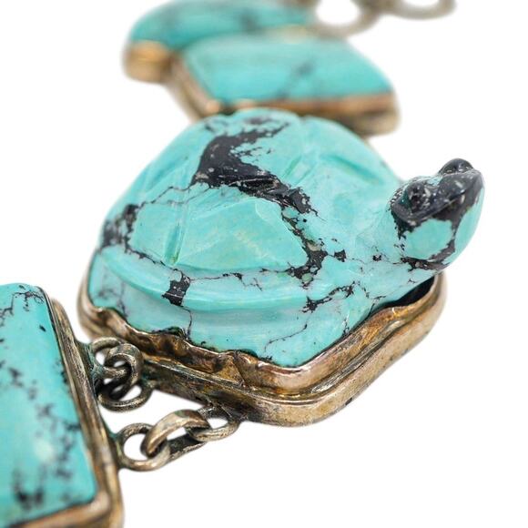 Vintage Figural Tortoise Turtle Bracelet Reconstituted Turquoise Sterling Silver - Picture 4 of 6
